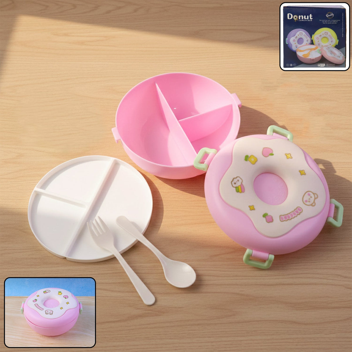 Cute Donut Shape Insulated Lunch Box | 3 Compartment | Mix Color