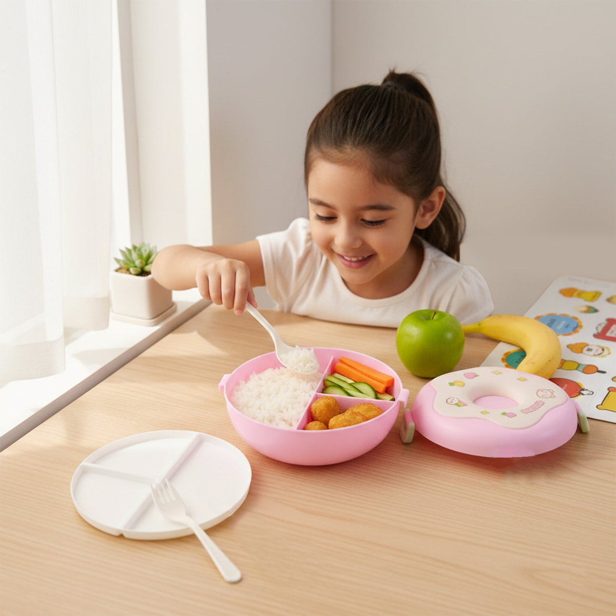 Cute Donut Shape Insulated Lunch Box | 3 Compartment | Mix Color