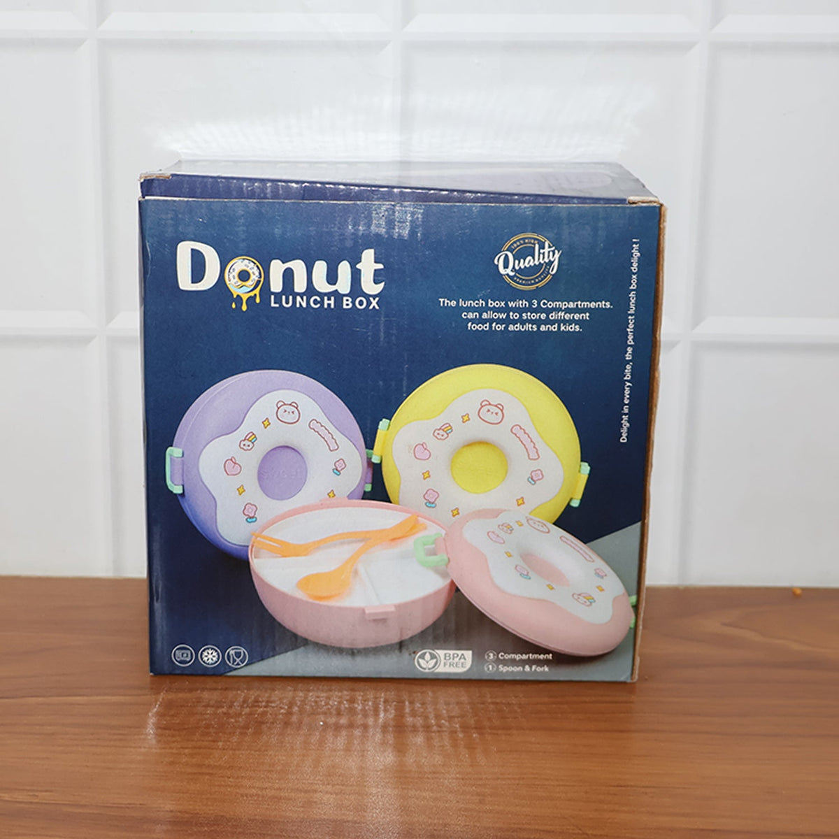 Cute Donut Shape Insulated Lunch Box | 3 Compartment | Mix Color