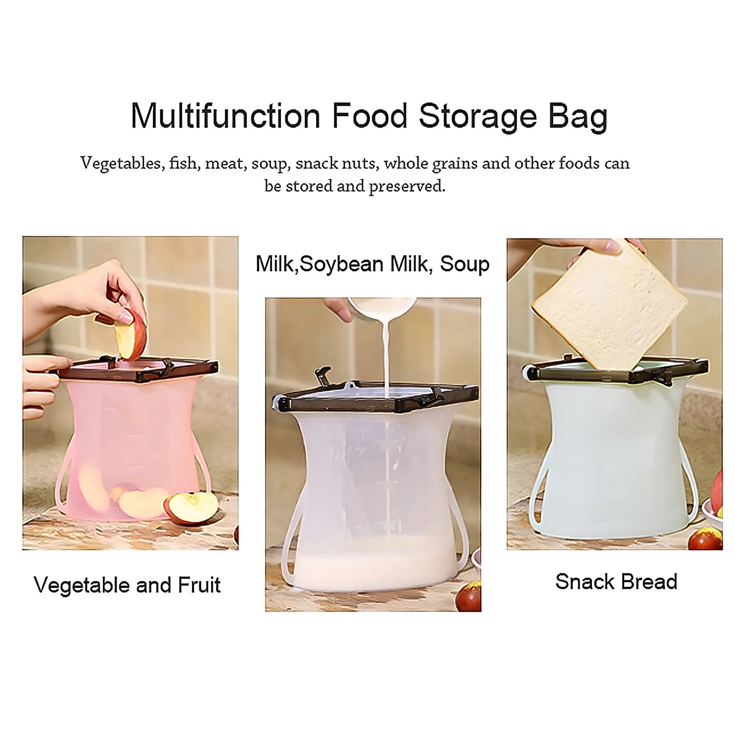 Silicone Food Bag – Leakproof, Flat Bottom, BPA-Free, Microwave & Dishwasher Safe