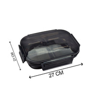Transparent black lunch box with four compartments for food storage
