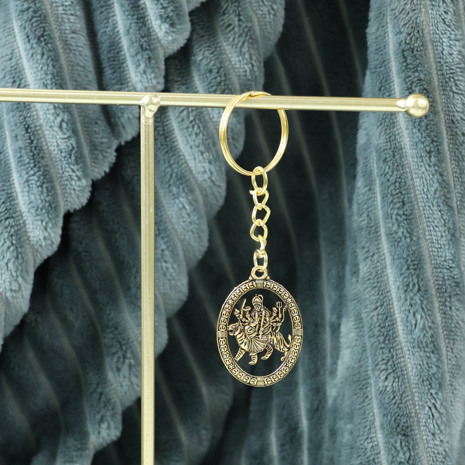 Maa Durga Oval Frame Golden Keychain (1 Pc)