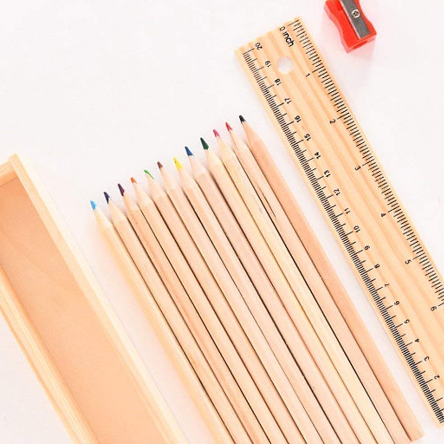 Colorful Wooden Pencil Set with Pencil box, Ruler, Sharpener (12 Pcs Set)