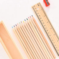 Colorful Wooden Pencil Set with Pencil box, Ruler, Sharpener (12 Pcs Set)