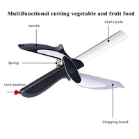 Vegetable and fruit cutter with handle, combines slicing and dicing.