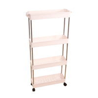 Kitchen storage shelf with caster wheels.
