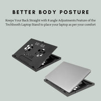 Foldable laptop stand with phone holder, for desk use with notebooks and tablets.