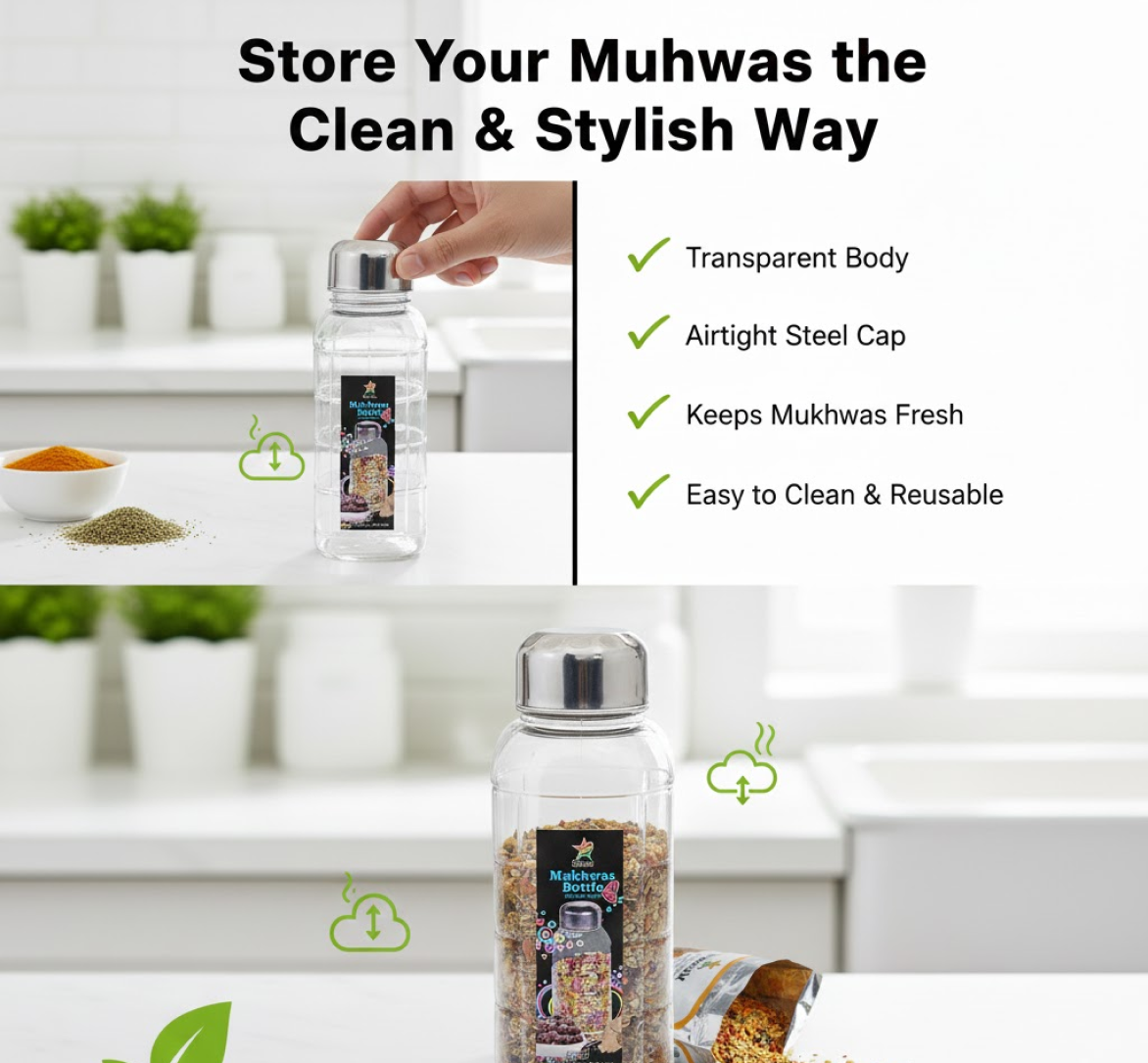 Plastic Transparent Mukhwas Bottle With Steel Cap Kitchen Storage Bottle (1 Pc)