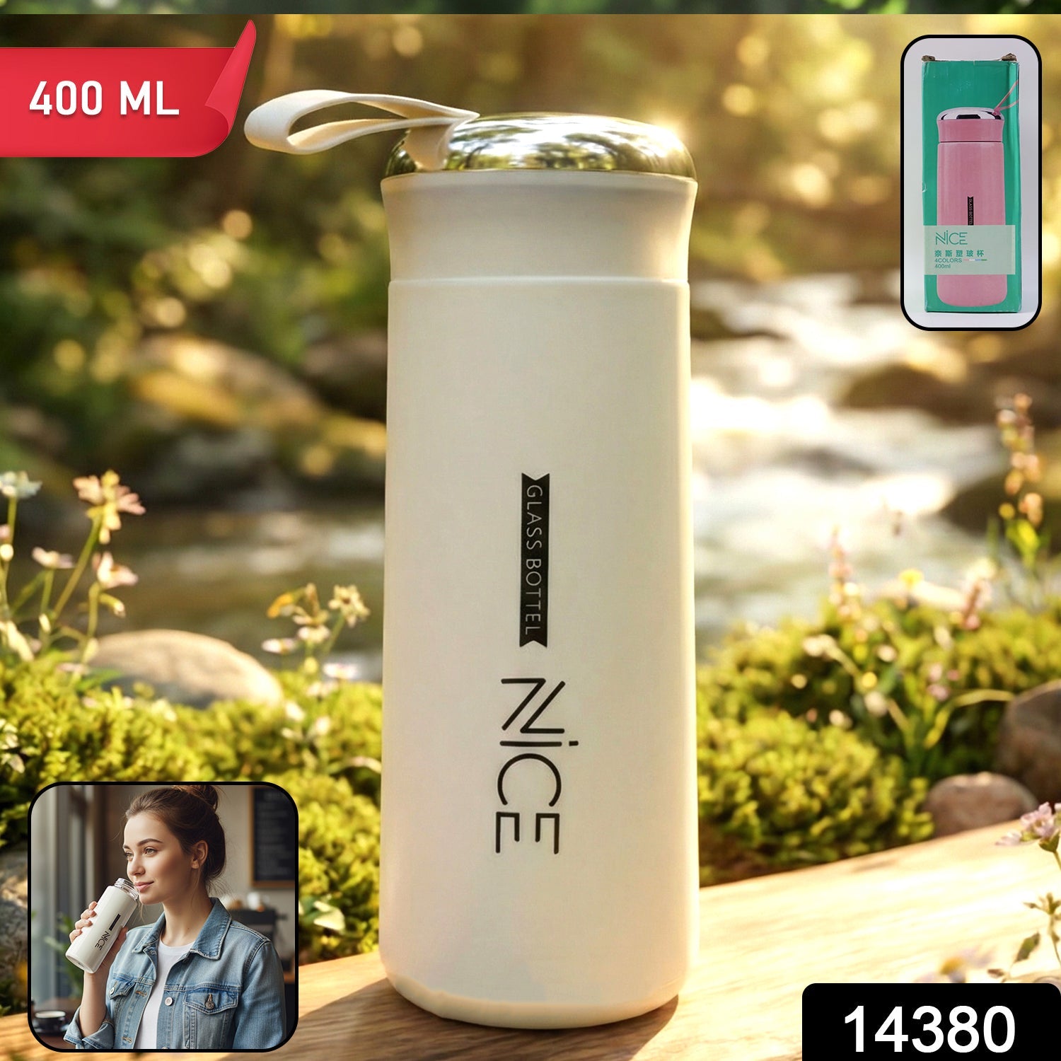 LumiFlask Premium White Glass Water Bottle for Travel & Daily Hydration (1 Pc, 400 ML)