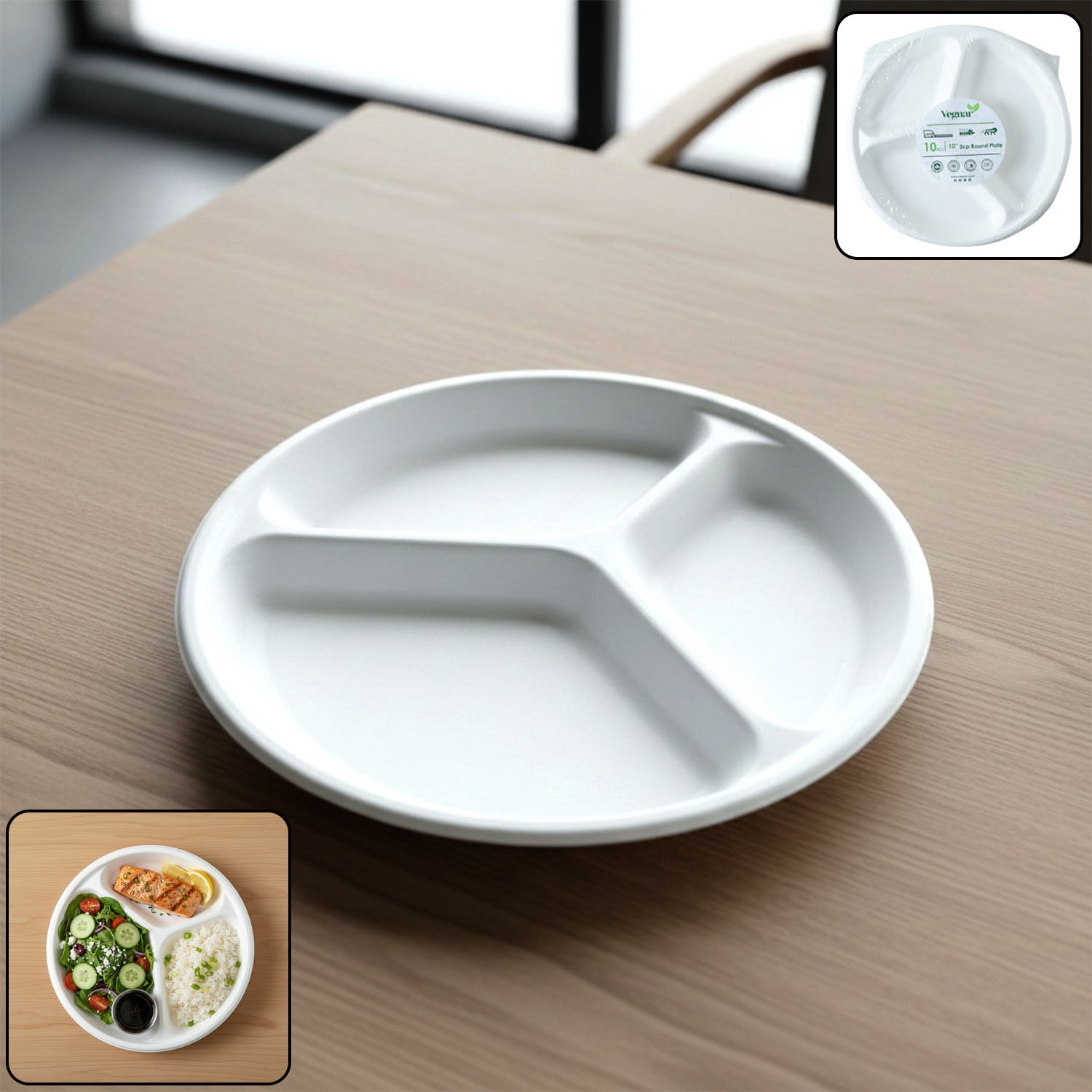 Vegnar 10 Inch 3-Compartment Round Compostable Bagasse Plate (10 Pc)