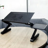Portable and adjustable laptop desk with built-in fans, foldable for easy storage.