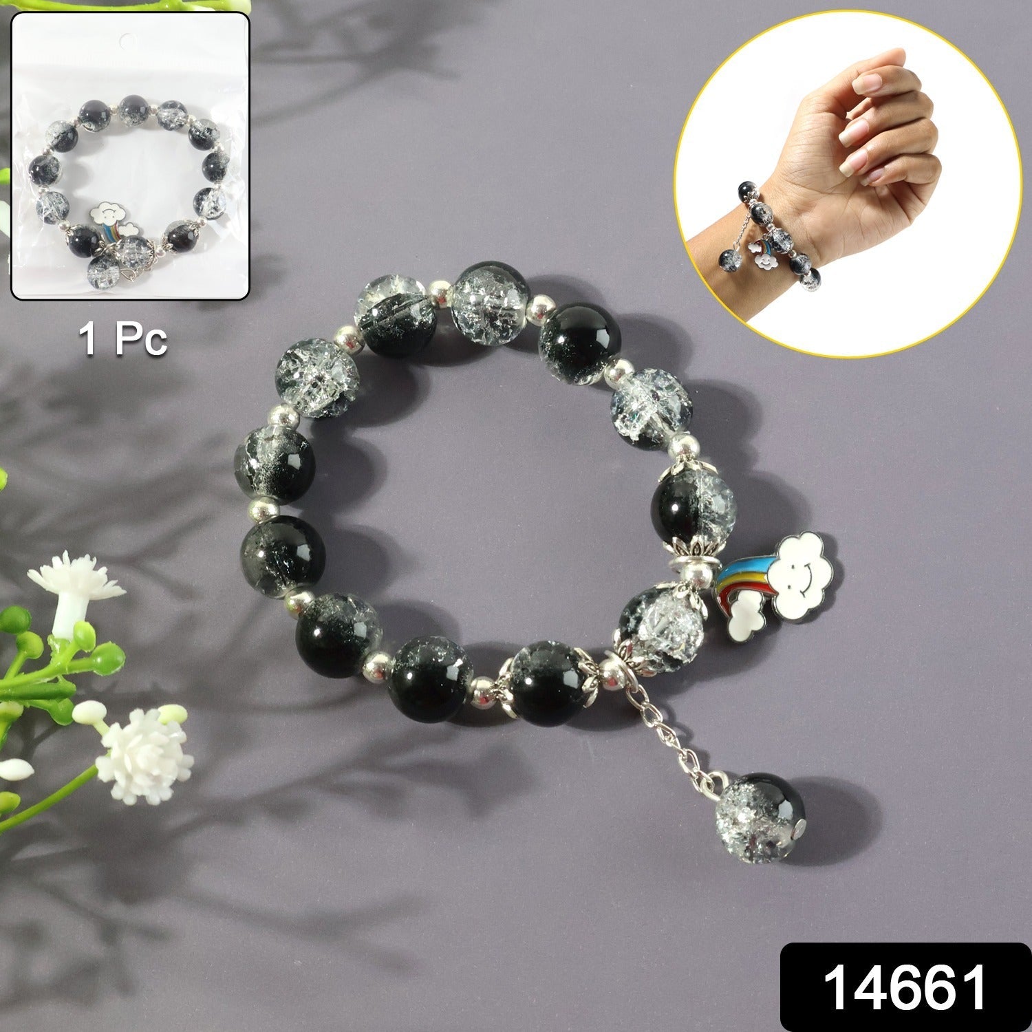 Elegant Black & Crystal Beaded Charm Bracelet