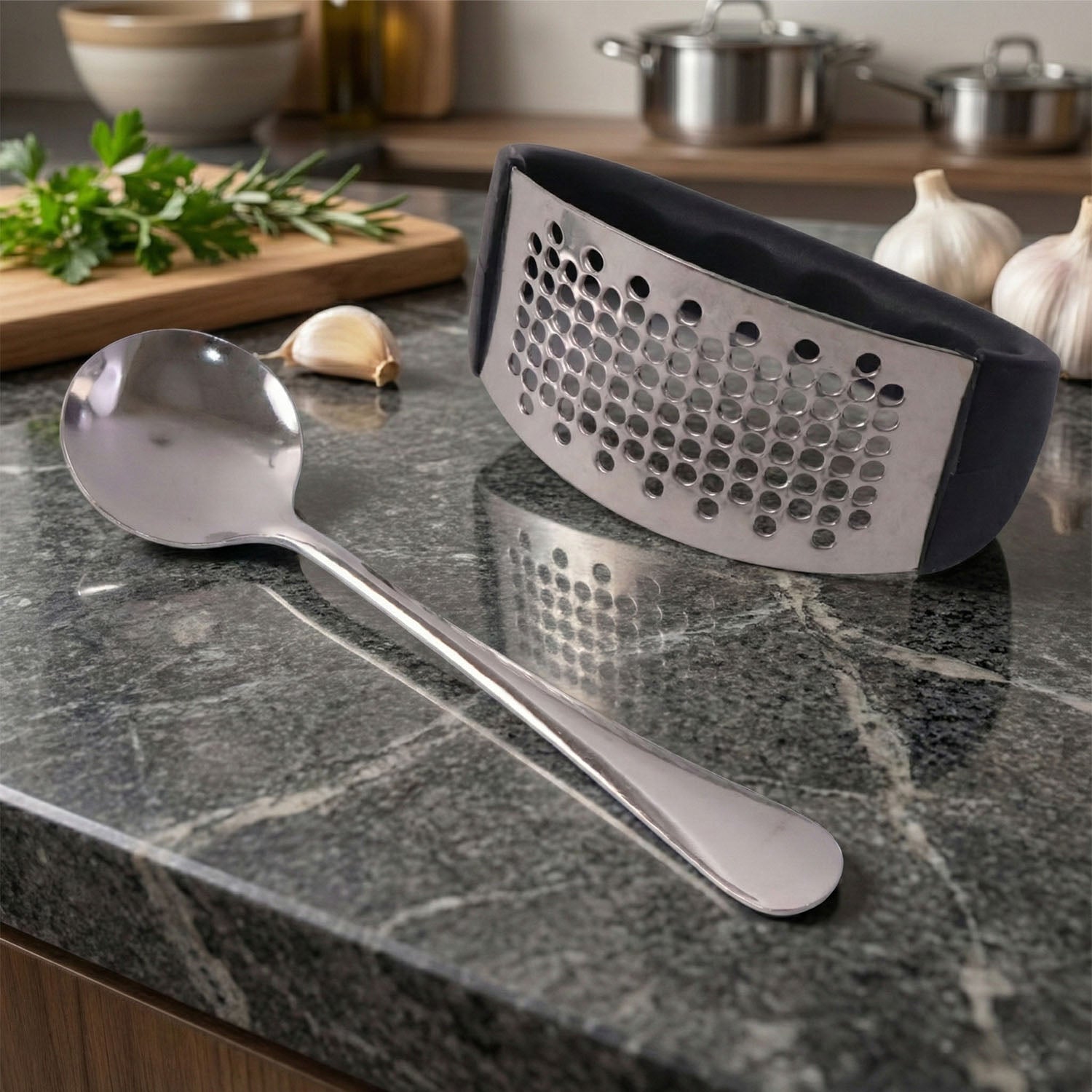 Heavy-Duty Garlic Press Tool with Spoon Set (2 Pc Set)