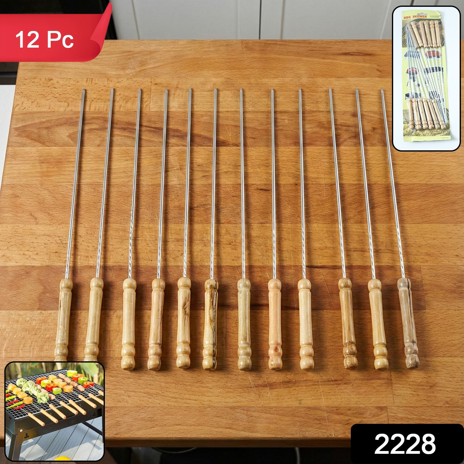 Barbecue Skewers for BBQ Tandoor and Gril with Wooden Handle - Pack of 12