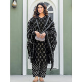 Generic Women's Cotton Blend Printed Kurti With Pant Dupatta Set (Black)