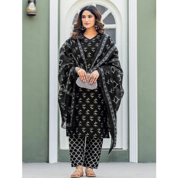 Generic Women's Cotton Blend Printed Kurti With Pant Dupatta Set (Black)