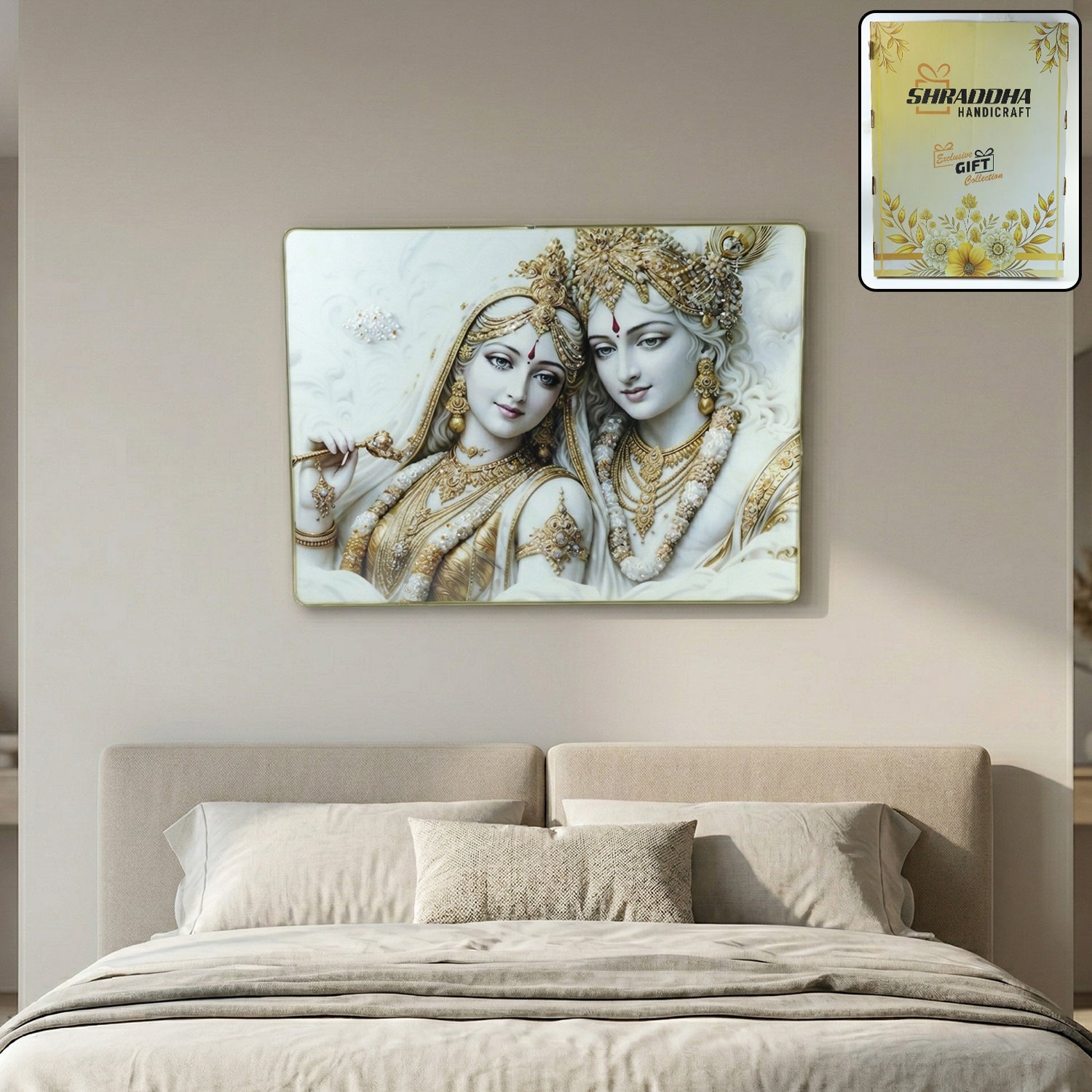 Premium Radha Krishna Royal White Gold Finish Wall Art Frame (1 Pc, 60x45 Cm)