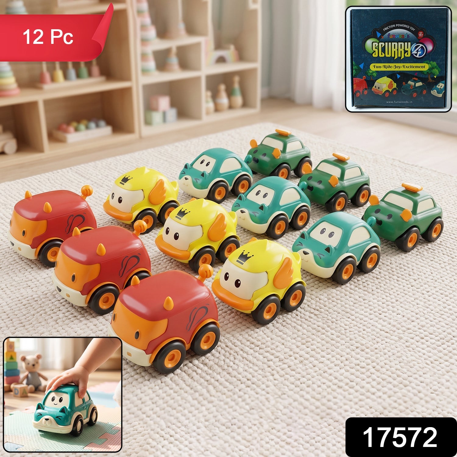 Funwoods Scurry Toy Cars for Kids - 12 Pcs, Colorful, Fun & Interactive Cars